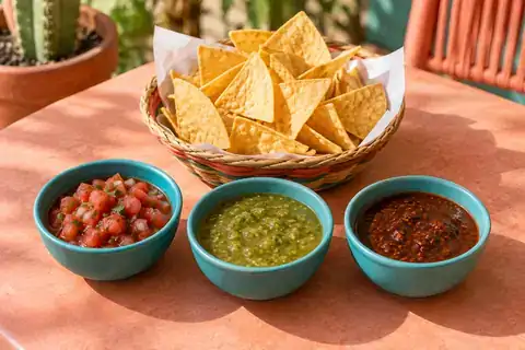 Salsa Trio and Chips served as a single listed menu portion