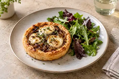 Goat Cheese Onion Tart served with its accompaniments