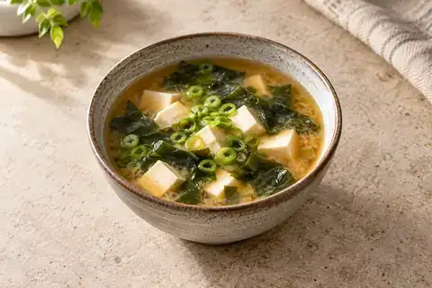 Miso Tofu Soup served with its accompaniments