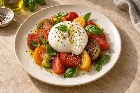 Burrata and Heirloom Tomatoes served with its accompaniments