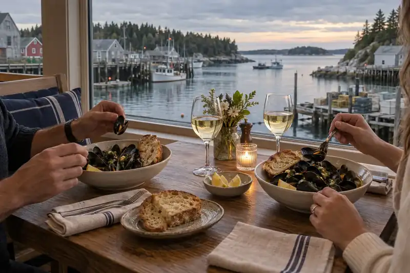 Mussels in garlic broth with bread and lemon at a table
