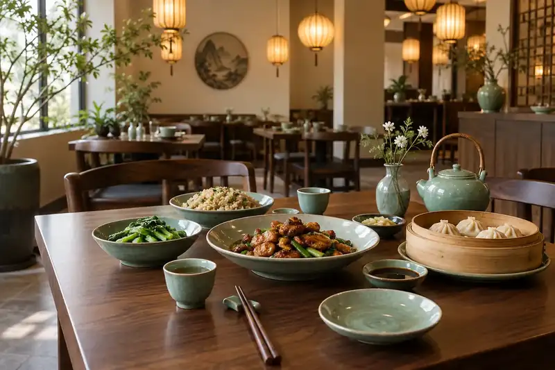 Warm Chinese dining room with walnut tables and jade tableware