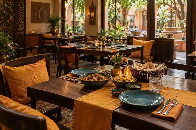 Indian dining room with teal tableware and saffron courtyard cushions