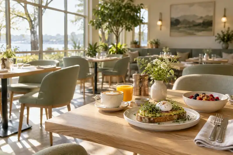 Bright brunch dining room with pale tables and sage seating
