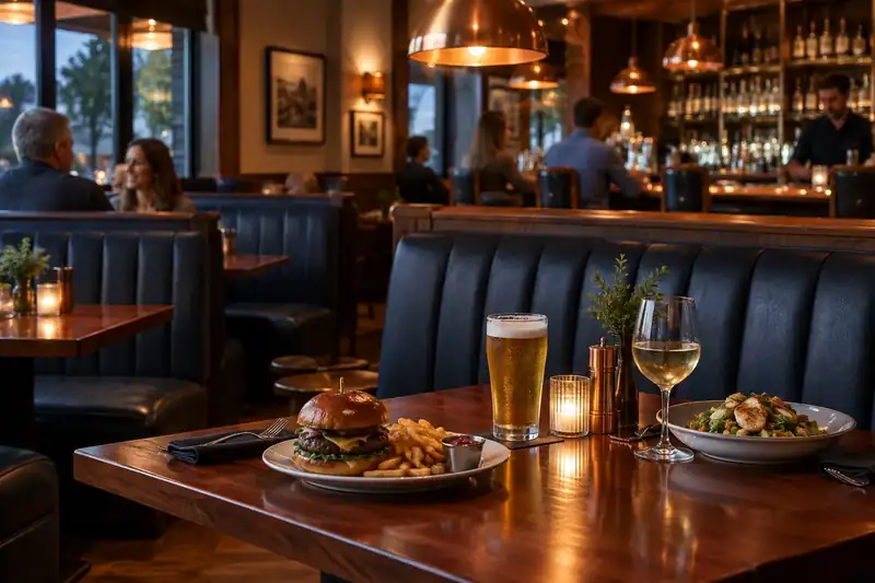 Navy booths and cherry wood tables beneath warm copper lamps