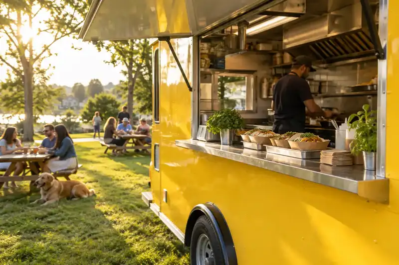 Yellow food truck service window beside a sunny community lawn