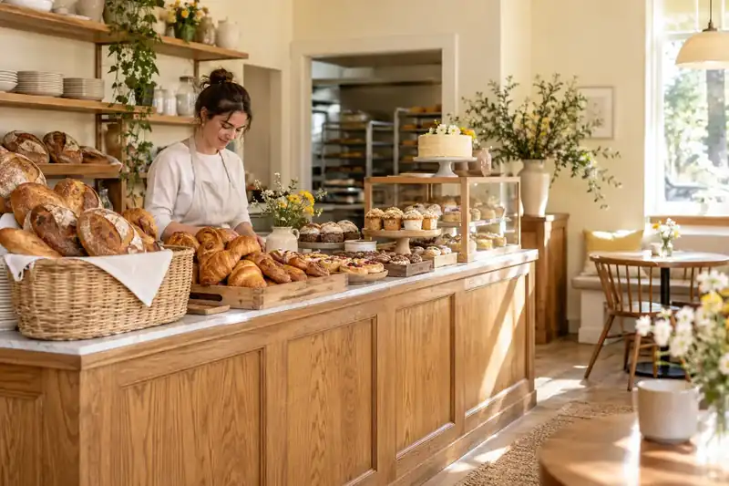 Warm bakery interior with bread baskets and an oak pastry counter