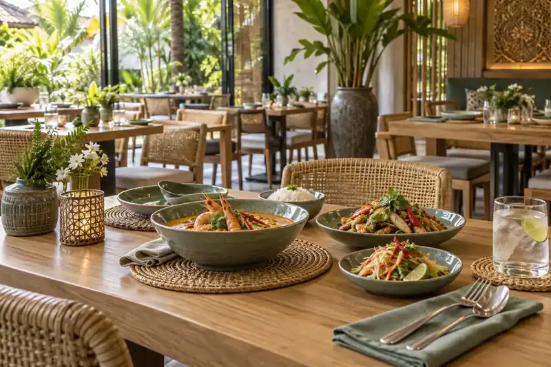 Thai dining room with teak tables woven accents and plants