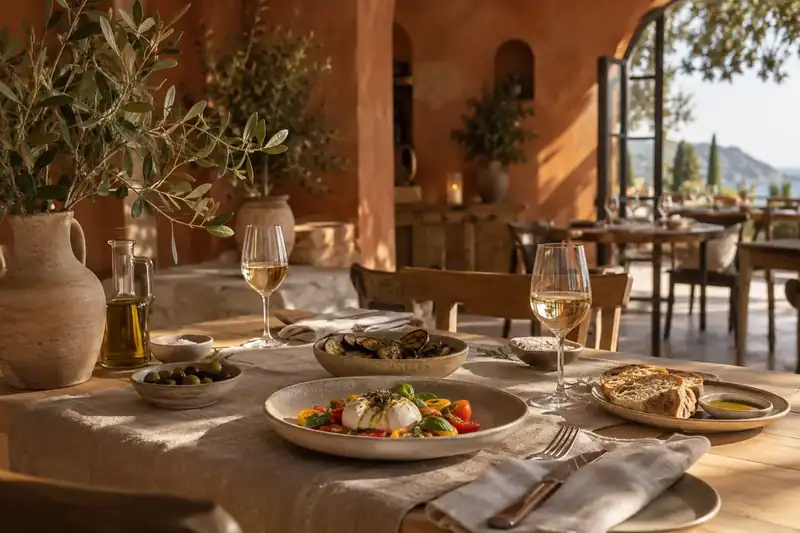 Mediterranean dining room with terracotta walls linen tables and olive branches