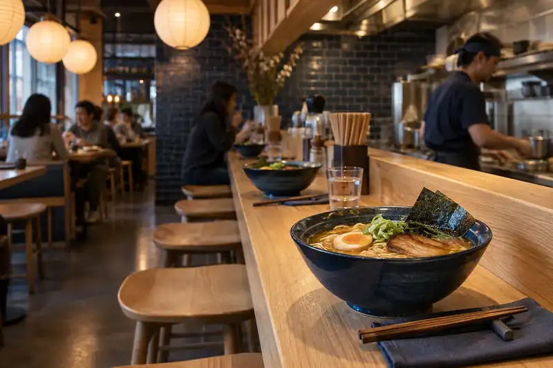 Noodle-house dining room with oak counters indigo bowls and warm lanterns
