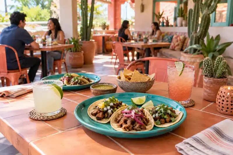 Bright taqueria with turquoise plates terracotta tables and cactus plants