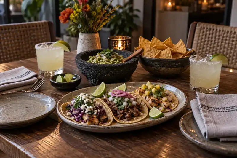Tacos and guacamole with tortilla chips at a table for two