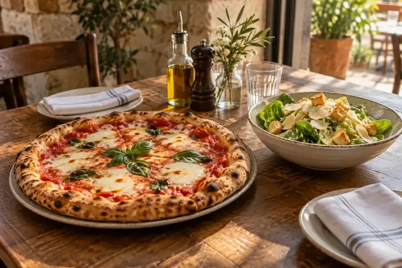 Margherita pizza and Caesar salad on a table for two