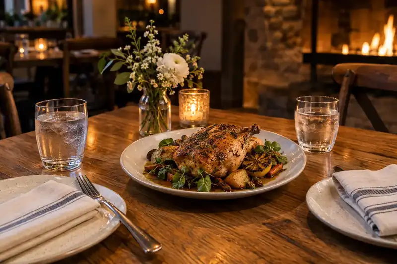 Roast chicken at a candlelit table set for two guests
