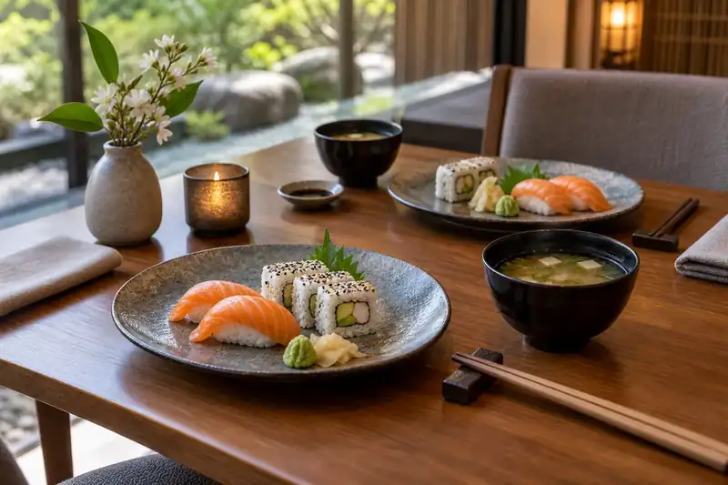 California roll salmon nigiri and miso soup on a Japanese table