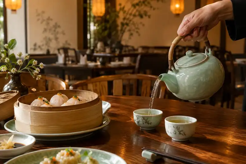 Jasmine tea pouring into porcelain cups beside a dim sum basket
