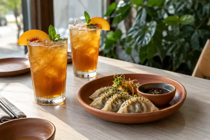 Peach iced tea and vegetable dumplings on a wooden table
