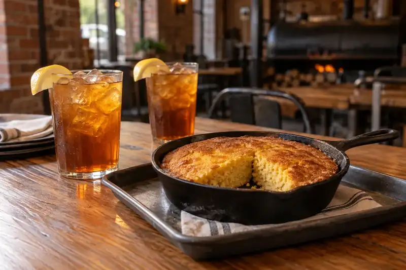Iced tea beside warm cornbread on an oak restaurant table