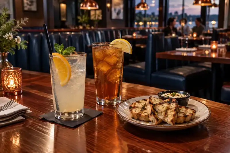 Citrus soda and iced tea beside grilled bread