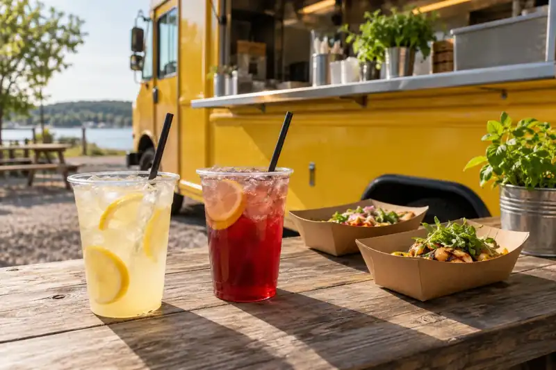 Lemonade and berry iced tea on a picnic table beside the truck