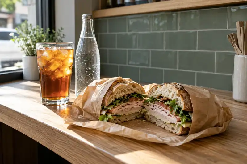 Iced tea and sparkling water beside a wrapped deli sandwich