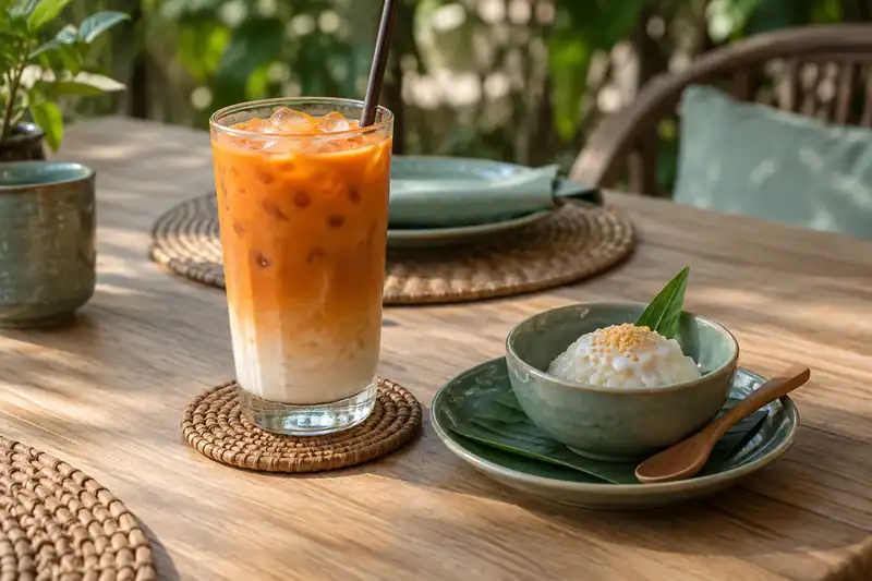 Thai iced tea beside a small coconut dessert