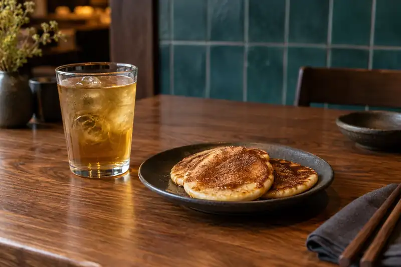 Iced barley tea beside small cinnamon pancakes on a walnut table