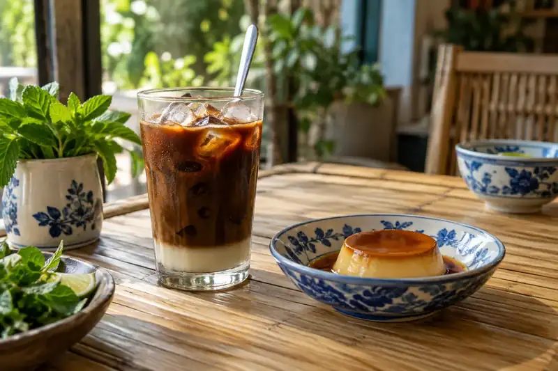 Vietnamese iced coffee with condensed milk beside a small caramel custard