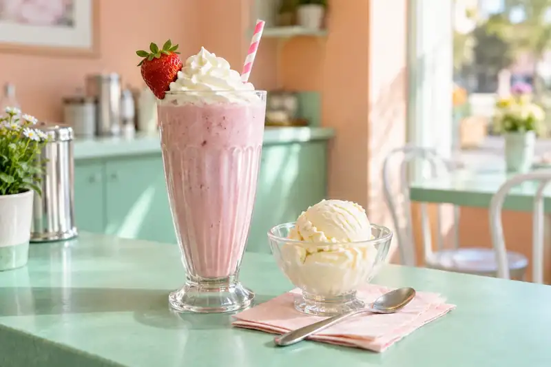 Strawberry milkshake beside vanilla ice cream on a mint-green counter