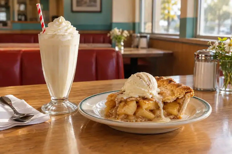 Vanilla milkshake beside apple pie and one vanilla ice cream scoop