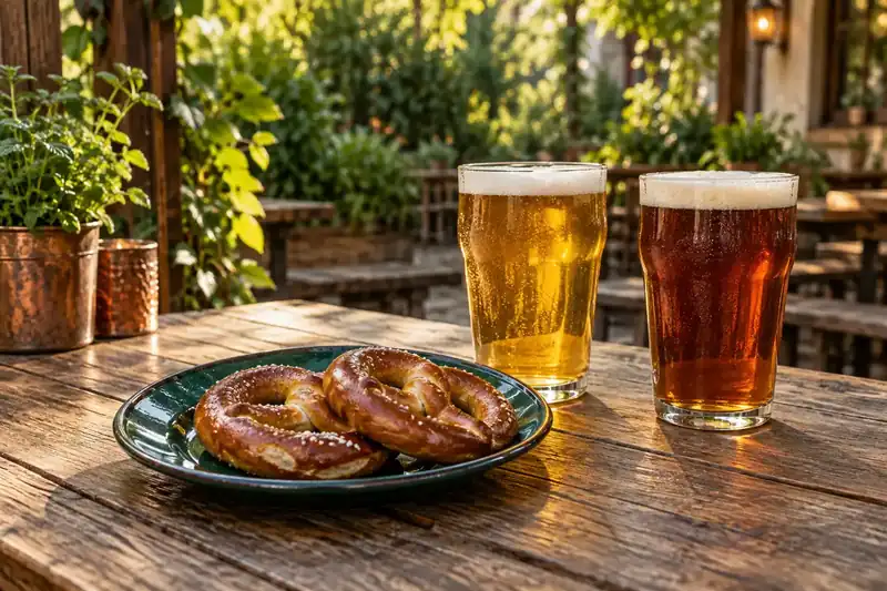 Pale lager and amber ale beside two small pretzel twists