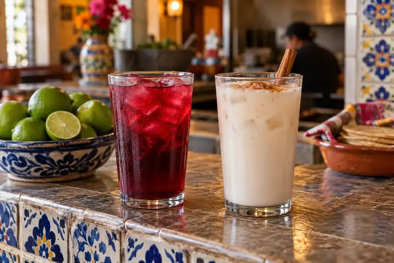 Hibiscus agua fresca and cinnamon horchata beside fresh limes