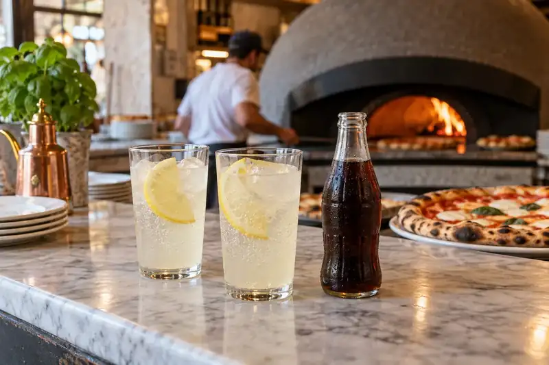 Sparkling lemonade and an unlabelled cola bottle on a counter