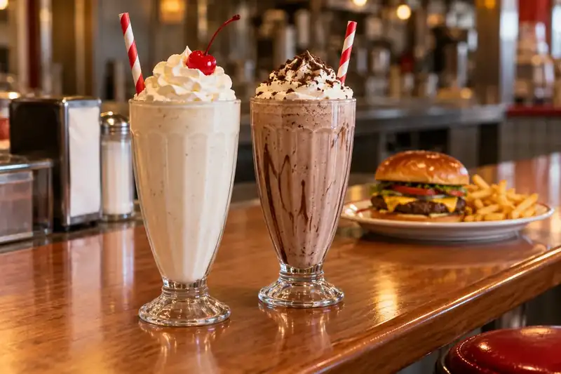 Vanilla and chocolate malt shakes in tall glasses at a counter