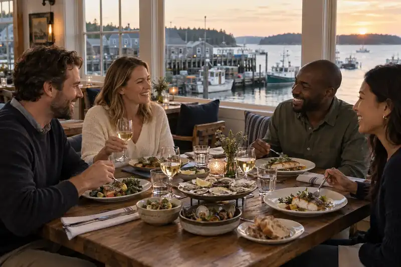Guests sharing seafood starters and fish plates at a restaurant table