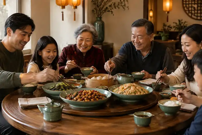 Chinese shared platters and rice bowls around a round wooden table