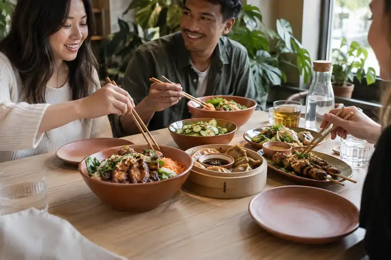 Rice bowls and small Asian plates shared across a restaurant table