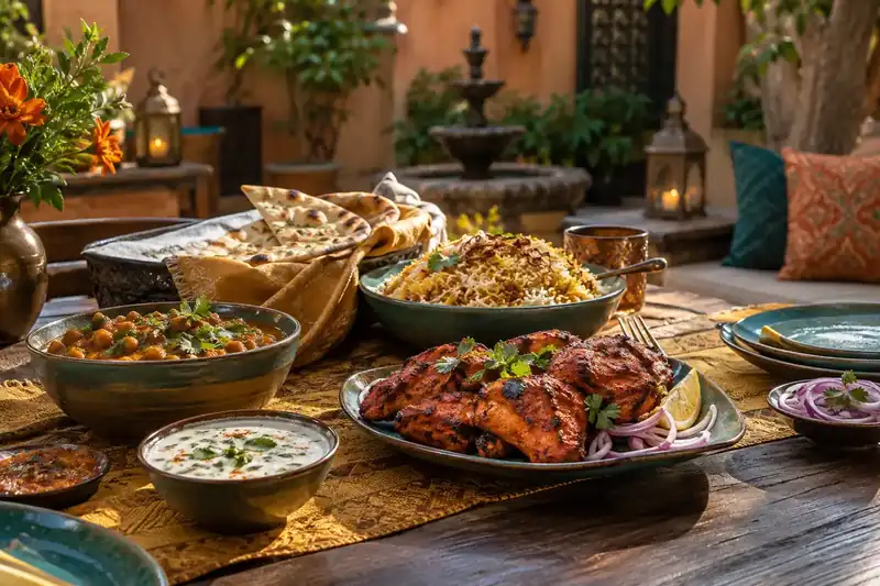 Tandoori chicken curries naan and rice shared across a wooden table