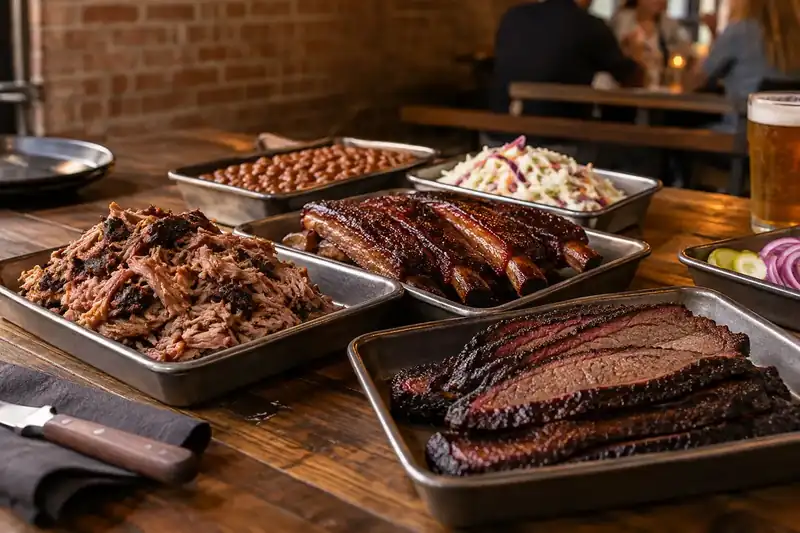 Barbecue meats slaw and baked beans shared on steel trays