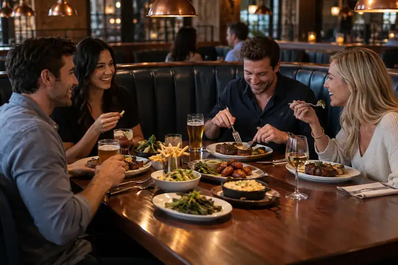 Friends sharing starters and grill plates in a comfortable booth