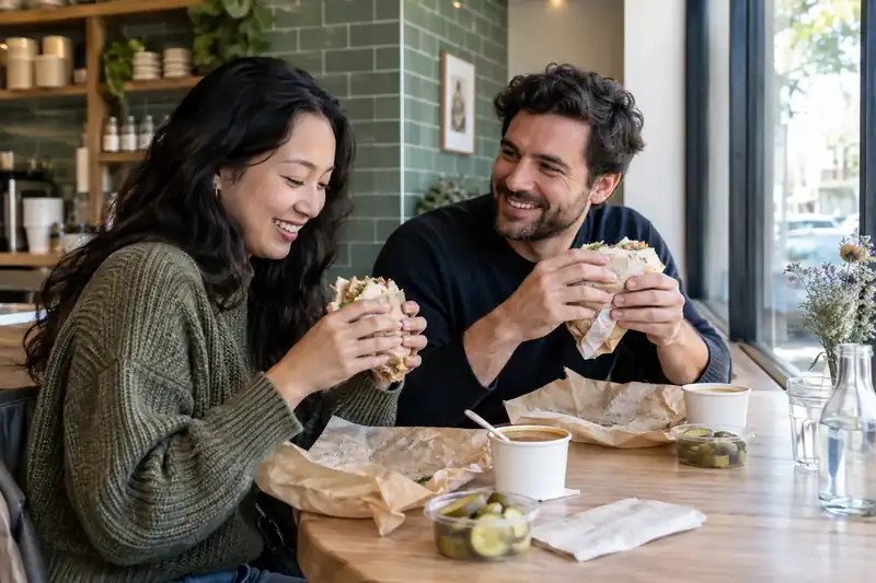 Friends enjoying sandwiches soup and pickles at a window table