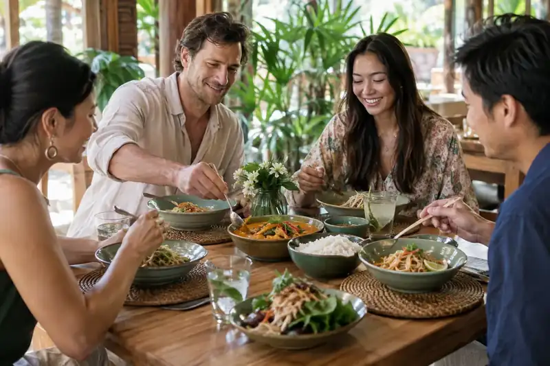 Friends sharing curry rice and noodles around a teak table