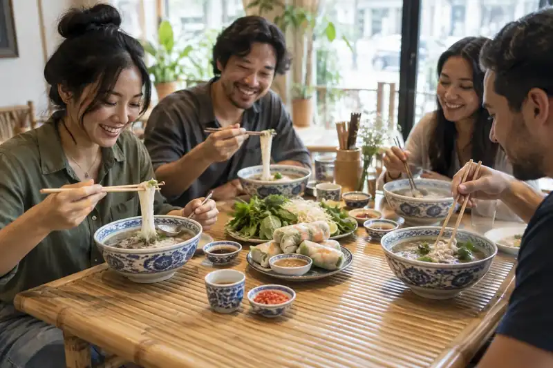 Friends enjoying pho bowls and fresh rolls around a bamboo table