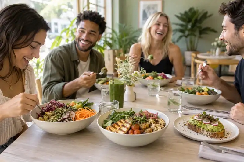 Friends enjoying vegetable bowls and toast at a bright cafe table
