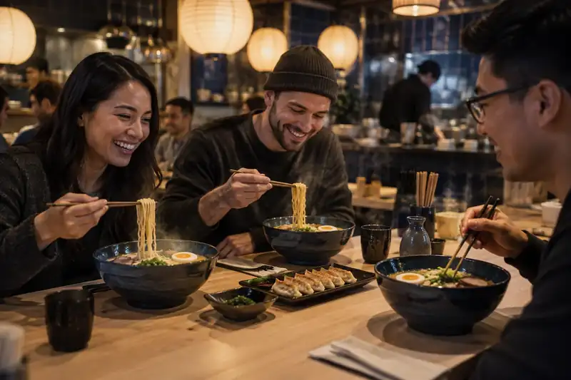Friends enjoying ramen bowls and shared gyoza at an oak table