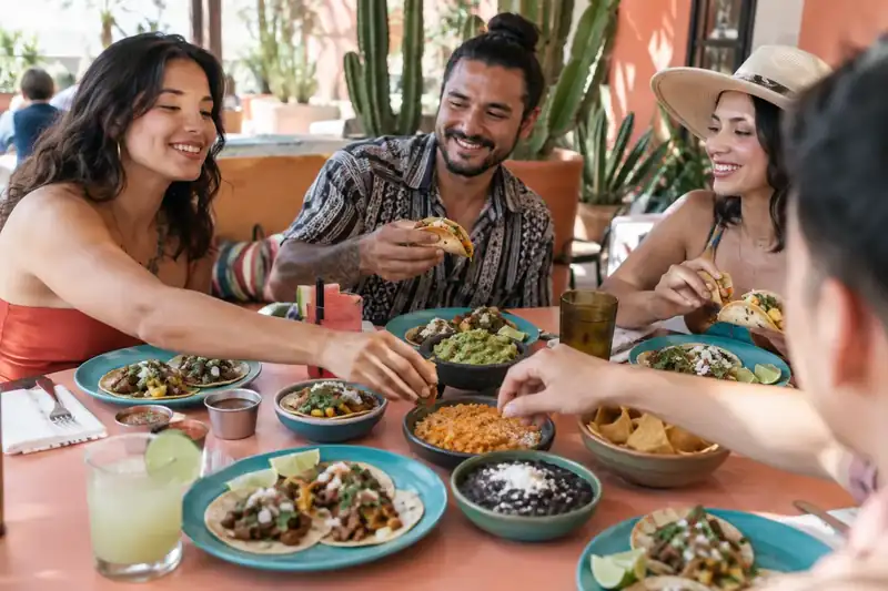 Friends sharing tacos guacamole rice and beans at a bright table