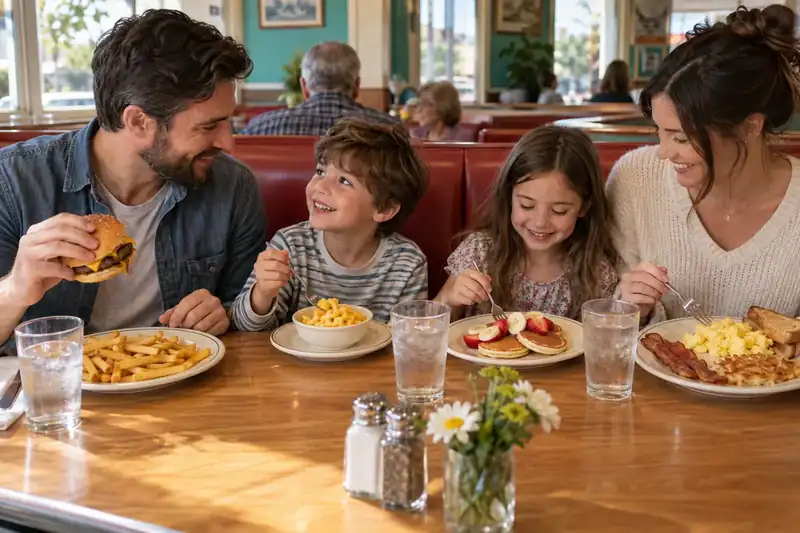 Family enjoying individual meals together in a comfortable red diner booth