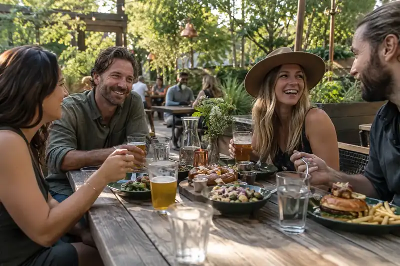 Adult friends sharing pub food and drinks in a leafy beer garden