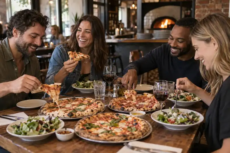Friends sharing pizzas and salads around a pizzeria table