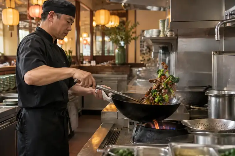Cook tossing beef and broccoli at a stainless steel wok station